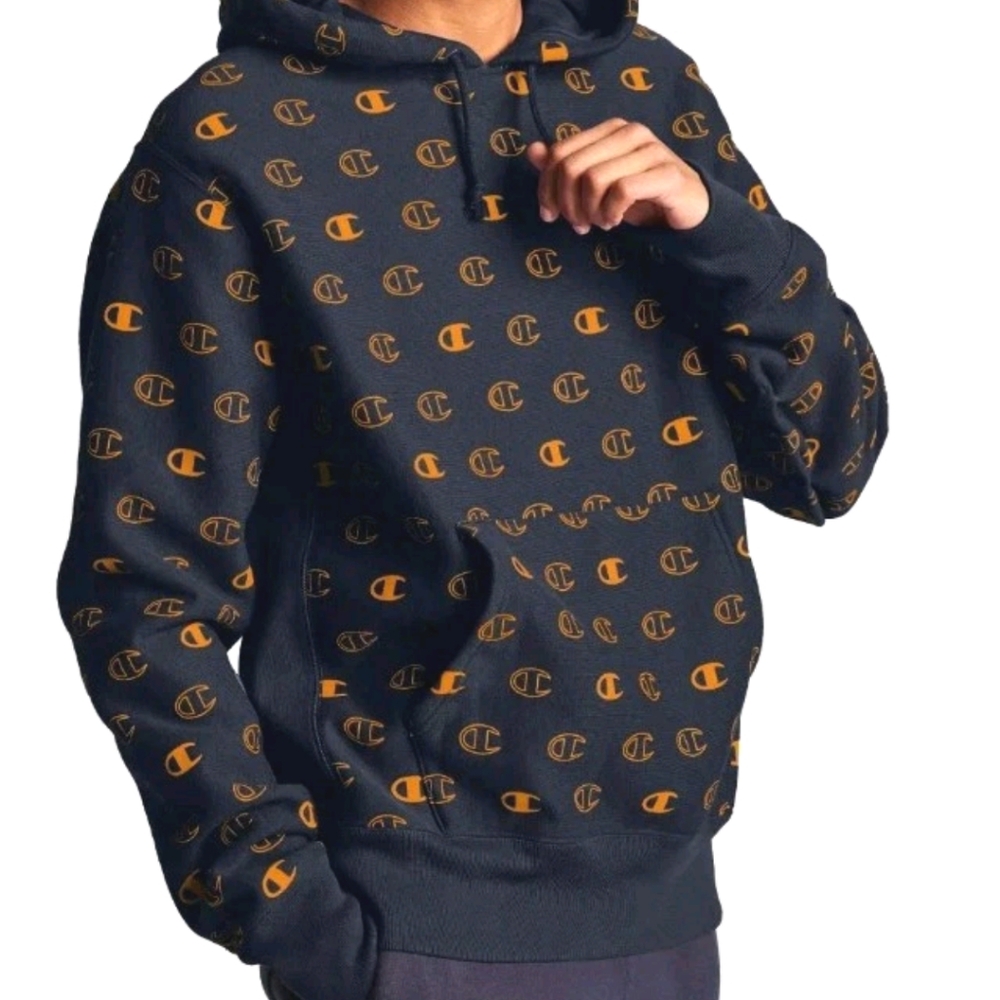 Champion Reverse Weave Hoodie Men Sm Navy Logo AOP Active Athletic Athleisure